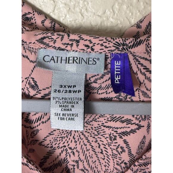 Catherines Pink Black Floral Popover Blouse Collared 3/4 Sleeve 3X Plus Petite - Picture 2 of 7